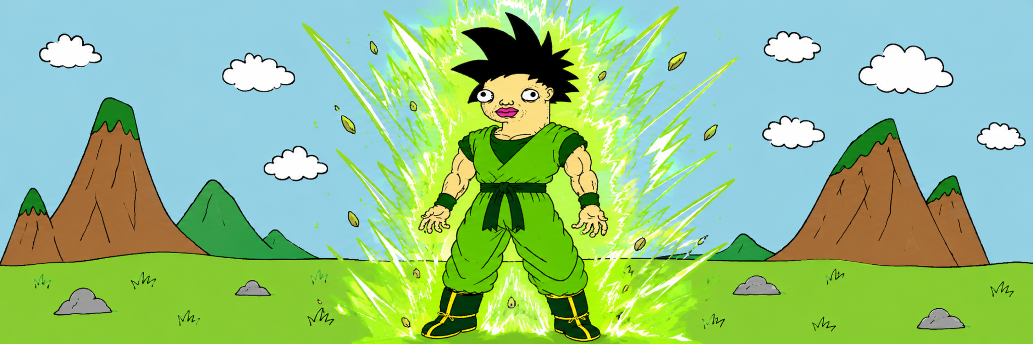 Goku The Green character with mountains, clouds and grass